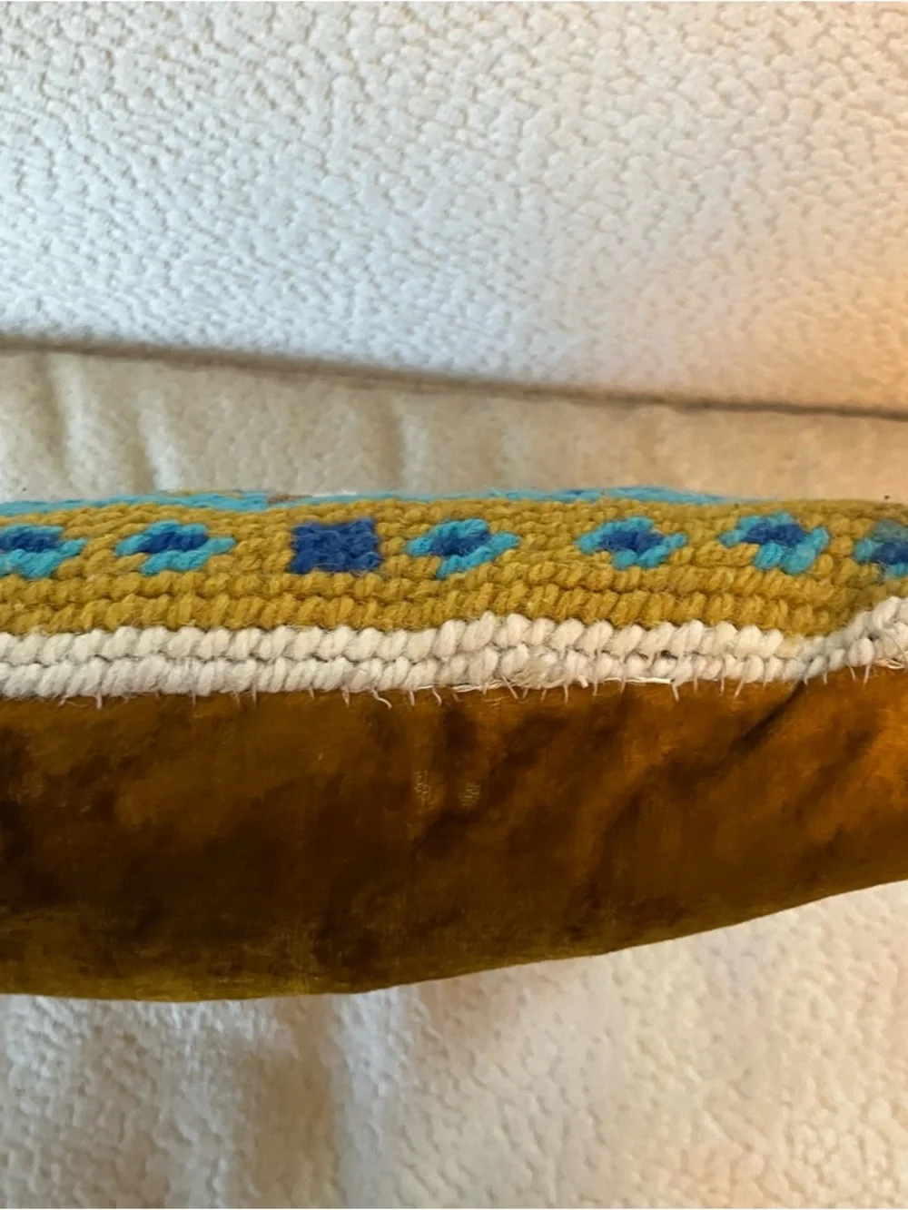 VTG Handmade Needlepoint Throw Pillow Blue Gold Geometric Square Scandi 12 x 12